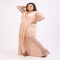 Robe longue élégante en sequins rose blush pour femmes |   Robe de soirée grande taille à col en V et manches longues pour réception de mariage