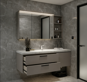 Mueble de <span class=keywords><strong>Baño</strong></span> Personalizado de Color Gris Claro, Montado en la Pared, <span class=keywords><strong>con</strong></span> Lavabo Individual, Encimera de Mármol, Espejo LED, Estantes Abiertos <span class=keywords><strong>y</strong></span> Cajones de Almacenamiento - Product Image 6