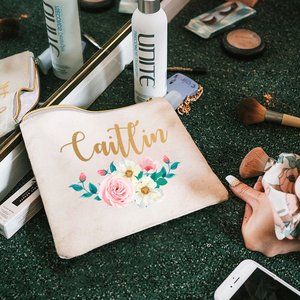 Personalized Cotton Canvas <b>Makeup</b> <b>Case</b> with Rose Embroidery Portable and Zipper Closure Wedding or Birthday Gift - Product Image 1