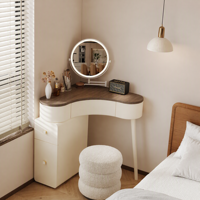 Ensemble de coiffeuse minimaliste de luxe gain de place, table de maquillage blanc crème avec armoire de rangement dissimulée pour petit appartement ou chambre.
