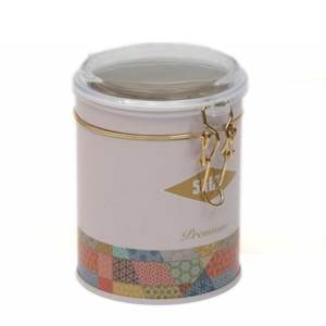 Caja de lata redonda de 90x110mm 0.6L con cierre de alambre y tapa transparente Patrón de retazos Fondo rosa para almacenamiento de herramientas - Product Image 2