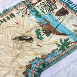 Sari de Seda Suave Manipuram VASTRA COTTAGE con Estampados Completos, Borde de Zari Dorado, Pallu con Estampado Digital, Blusa con Estampado y Borlas - Product Image 4