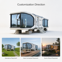 Capsule spatiale modulaire pour stations balnéaires avec fenêtres panoramiques et design surélevé