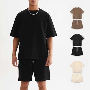 Conjunto de camiseta de dos piezas de algodón de alta calidad para hombre, estilo informal de marca de moda para verano, deporte juvenil, tela de punto sólida - Product Image 5