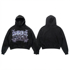 <b>Men</b> Acid Wash Hoodie 350g Premium Cotton <b>Fleece</b> <b>Black</b> Heavyweight Oversized Custom Screen Print Embroidery OEM ODM Eco-Friendly - Product Image 1