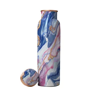 Enamel Printed Marble Pattern Copper Water Bottle 32oz 750ml with Carrying Canvas Bag 100% Pure Copper Bottle for Drinking Water