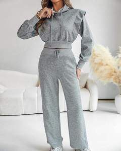 Conjunto Deportivo Corto de Invierno para Mujer, Estilo Informal para Gimnasio, Fitness y Entrenamiento, 2 Piezas, Sudadera con Capucha de Manga Larga y Pantalones Anchos - Product Image 5