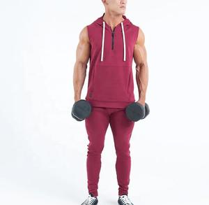 Camiseta sin mangas de verano 100% de algodón personalizada para hombre, Sudadera con capucha para entrenamientos de culturismo, sólido para púrpura, media cremallera, cuello con capucha - Product Image 6