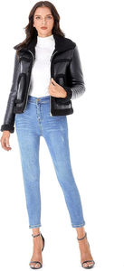 Blouson d'hiver pour femme en cuir de mouton teint long, style motard, avec doublure en soie et design fonctionnel en fourrure, résistant pour l'automne/hiver - Product Image 3