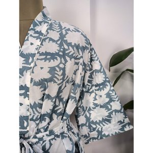 Boho Style Cotton <b>Kimono</b> Indian Handprinted Floral Design Luxury Lightweight Summer Robe for <b>Beach</b> Holiday Cover Ups Pink Grey - Product Image 2