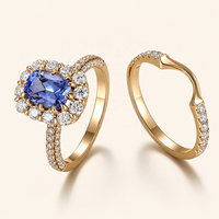 Ensemble de bague de fiançailles en diamant de laboratoire bleu royal taille coussin certifié IGI, en or jaune 10K plaqué rhodium avec halo, et alliance de mariage