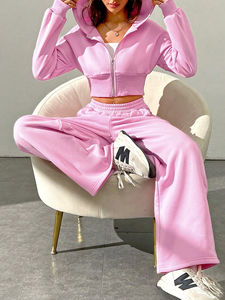 Wholesale Pink Zipper Cut Top Short Solid Hooded Set Heavy Weight Canvas 100% Cotton <b>Sweatpants</b> Hoodies Two Piece Set for <b>Women</b> - Product Image 6