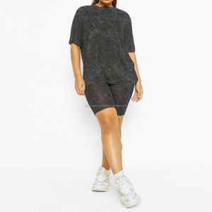 Verano nueva moda mujer ropa 2 piezas camiseta y conjunto corto de tela suave de talla grande lavado ácido Biker conjunto corto de dos piezas - Product Image 3