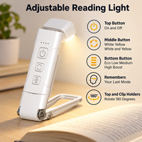 Lampe de lecture LED rechargeable par USB avec batterie 500 mAh, 3 modes d'éclairage, 5 niveaux de luminosité et fonction de mémoire de mode