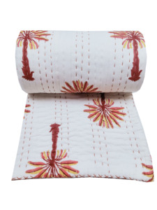 100% Cotton Vintage Kantha <b>Quilt</b> Reversible Floral Bed Cover Queen Size Modern Style Palm Tree Print <b>Throws</b> Blanket Bedding Set - Product Image 4