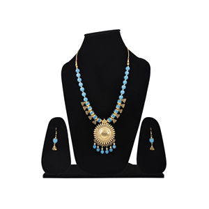 Bijoux vintage bleu ciel oxydé avec motif soleil rond doré pour les occasions festives, principalement en alliage - Product Image 2