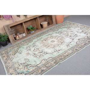 Tapis Vintage en Laine Turque 5.7 X 9.3ft Vert Beige Plat Tissage Patchwork Motif pour Salon Couloir Décor avec Support en Latex - Product Image 5