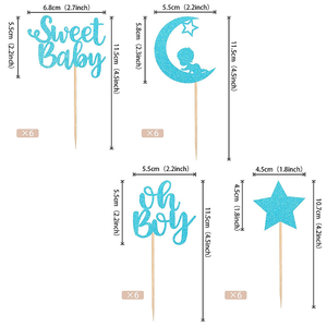 Baby Shower Cupcake Toppers para niño 24 Pack Blue Glitter Moon y Star Picks para niños Cumpleaños y dulces celebraciones de bebés - Product Image 2