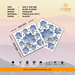 Carreaux de mur en porcelaine vitrifiée de fleur blanche bleue de haute qualité de 60x60 cm finition brillante pour la salle de bains résidentielle de luxe-Offre Spéciale! - Product Image 2