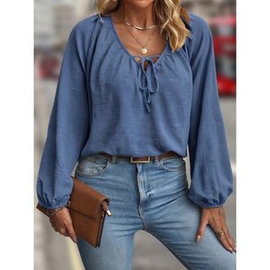 Blusa Aerobin de manga larga con cuello en V y mangas abullonadas de Jane 38093-Haki - Product Image 1