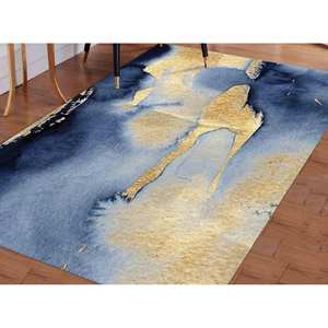 พรมปูพื้นสีฟ้าและสีทองแบบแอบสแตรก: พรมกันลื่นที่ทันสมัยพรมบางๆแบบไม่ทอ - Product Image 2
