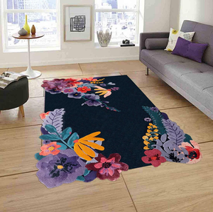 Tapis d'intérieur fait main en laine 100% de qualité supérieure Jardin Navy multicolore, couleur unie, style moderne, personnalisable, très résistant - Product Image 3