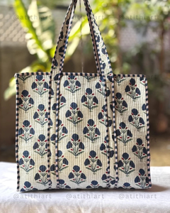 ATITHI ART Cotton Quilted <b>Tote</b> Bag Eco Friendly Reusable Soft Padded Shopping Travel Daily Carry Lightweight <b>Zipper</b> Closure - Product Image 2