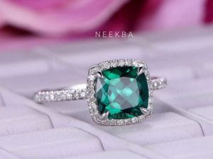 Unique 8*8 mm Cushion Cut Lab-Grown Emerald 14K Solid White Gold Ring Handcrafted Cushion Shape Ring By Indian Manufacturer - Product Image 3