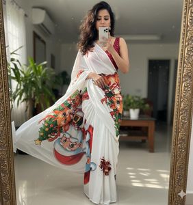 Nuevo Sari de Seda Chinon Suave de Diseño Indio para Mujer con Hermoso Estampado Navideño para Bodas y Fiestas, en Existencia - Product Image 2