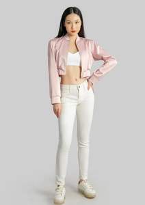 2023 Trending <b>Pink</b> Satin Regular Bomber Jacket for Women Winter Fall Custom Logo Button Breathable <b>Wool</b> Lining Eco-Friendly - Product Image 4