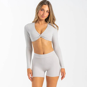 Qualité supérieure poussière de sucre femmes noeud manches longues hauts courts extensible doux respirant entraînement Fitness haut court t-shirts pour les femmes - Product Image 3