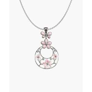 Collier pendentif papillon et fleurs en acier inoxydable plaqué rhodium avec diamant et perle - Product Image 1