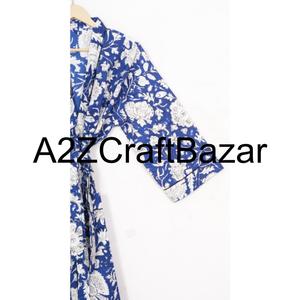 Handmade Indian 100% Cotton V-Neck Floral Printed Belt Closure Full-Length Robe Women Casual Nightwear Party Gown - Product Image 4