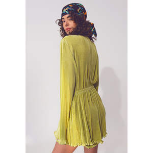 Mono casual verde de satén con detalle plisado, tejido de chifón de verano y decoración de patchwork. - Product Image 2