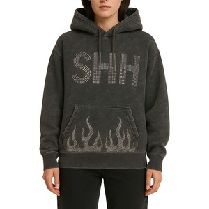 ผู้ผลิตเสื้อผ้าสตรีทแวร์ เสื้อฮู้ดดี้ผู้ชาย Heavyweight Sun Fade ปักลายแบบ Distressed และประดับด้วย Rhinestone ทั่วตัว เสื้อฮู้ดดี้แบบสั่งทำสำหรับผู้ชาย - Product Image 4