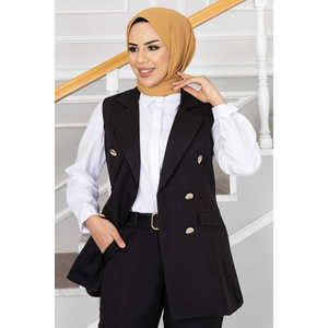 Conjunto de chaleco hijab con detalle de cuello tipo pañuelo estilo oficinista, color negro - Product Image 2