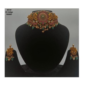 New Bridal Indian Temple Style Pure Solid 925 <b>Silver</b> Rose Gold Plated Natural Gemstone <b>Choker</b> Necklace Engagement Anniversary - Product Image 1