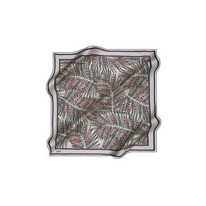 Grey Silk Crepe Satin Square Scarf with <b>Leaf</b> Pattern - Product Image 1