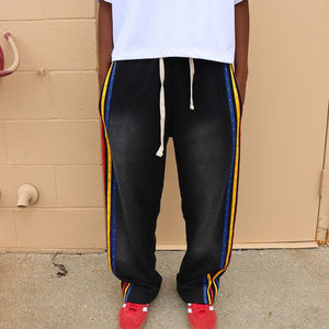 กางเกงวอร์มผู้ชายลายทางสไตล์วินเทจผ้าเฟรนช์เทอร์รี่ใส่ปกติระบายอากาศได้พอดีมีเชือกรูดแบบลำลองย้อมสี - Product Image 2