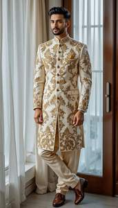 2025 @ Indian/Pakistani Impresionante novio Sherwani y vestido de pantalón con cuentas de cristal adornadas Perlas Dabka Trabajo para boda - Product Image 2