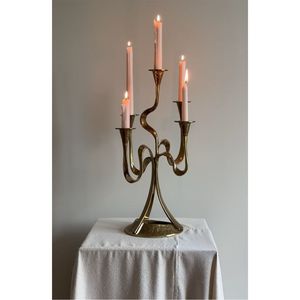 Modern Artistic Curved Stem Metal Candle <b>Stick</b> Holder <b>Vintage</b> Brass Finish Lotus Petal Pillar Stand for Luxury Hotel &Home Decor - Product Image 3