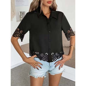 Blusa de Mujer de Manga Corta con Cuello y Botones al Frente Estilo Dubai de Jane, Blusa Elegante Informal para Uso Diario - Product Image 3