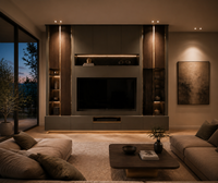 Meuble TV mural LED moderne et minimaliste KEJIA, gris foncé mat, centre de divertissement pour salon avec panneaux d'accentuation en grain de bois