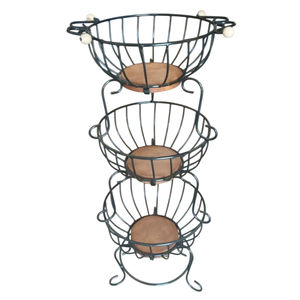 Panier à fruits en fil de fer à trois niveaux, forme ronde, revêtement noir, pour le rangement des jouets et des vêtements des enfants, avec poignée - Product Image 1