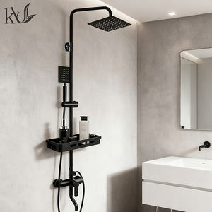 ก๊อกผสมน้ำฝักบัวติดผนังแบบคู่ ยี่ห้อ YaKe รุ่น Modern สีดำ ทำจากทองเหลือง พร้อมราวเลื่อน หัวฝักบัวทรงสี่เหลี่ยม  แบบฝน/แบบพ่นแรง/แบบพ่นนุ่ม - Product Image 1