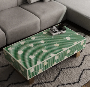 Mesa de centro de diseño clásico con patrón de estrella azul y blanco y pedestal de latón Consola de mesa de té elegante a precio mayorista - Product Image 3