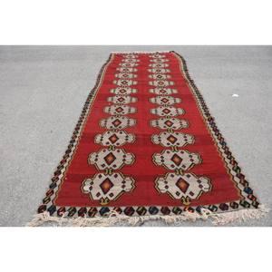 Large Area Kilim <b>Red</b> Beige Rug 5.6 X 14.4 ft Flat Weave Turkish Wool Plush Pile Height Rectangle Pattern for Hallway Room Rug - Product Image 1
