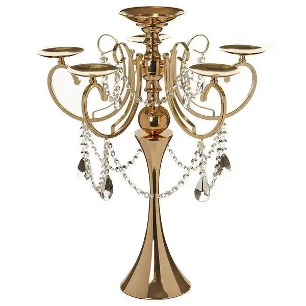 A.K lilin kuningan tradisional 5 kepala, tempat lilin besi meja romantis warna emas logam untuk dekorasi tengah acara pernikahan