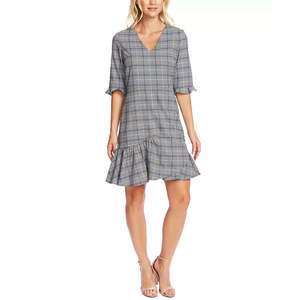 Abito da donna CeCe a quadri con scollo a V e balze, grigio, lunghezza al ginocchio, casual, taglie forti, taglia 8 - Trendy per il tempo libero e le vacanze - Product Image 1