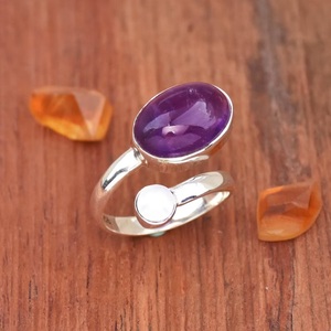 Anillo de amatista y Perla Anillo de regalo de banda abierta ajustable de Plata de Ley 925 - Product Image 4
